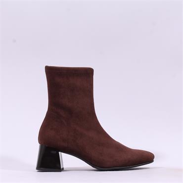 Miss Elastic Fax Block Heel Ankle Boot - Brown Stretch